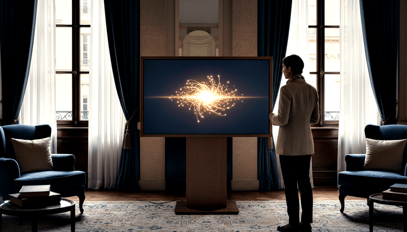 Person in light blazer and dark trousers stands before a large TV displaying a particle collision burst, flanked by two navy armchairs.