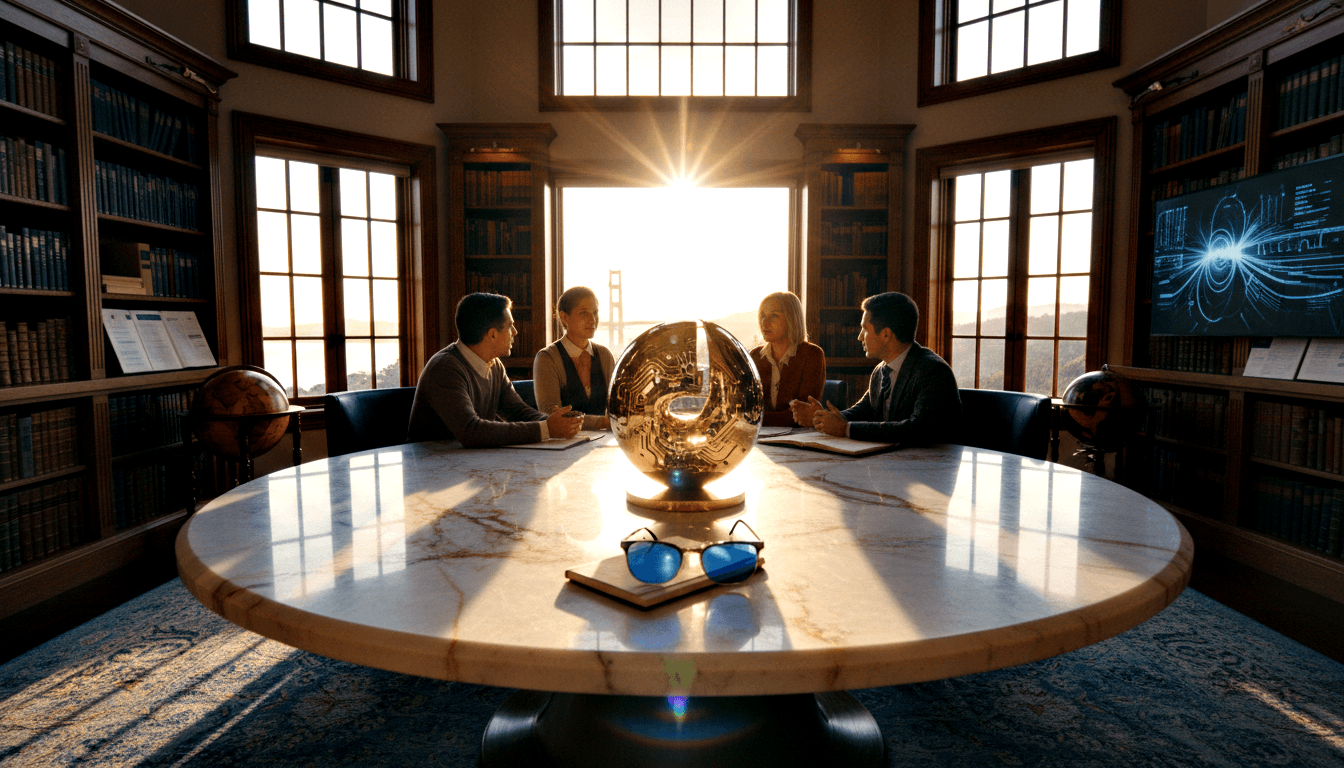 Four people around a round marble table in a wood-paneled library with navy books, centered on a glowing gold engraved sphere on a pedestal.