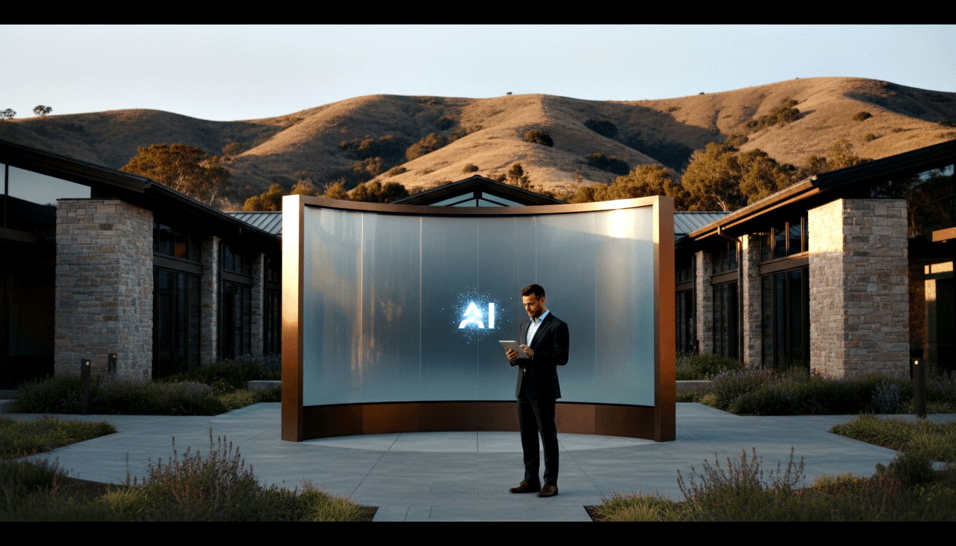 Man in navy suit holding tablet before curved frosted-glass panel with copper framing displaying glowing blue-white 'AI' letters.