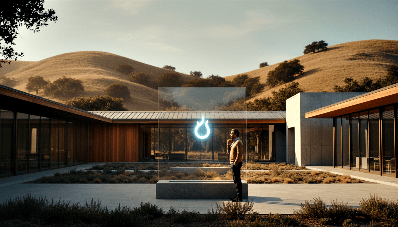 Man in tan sweater stands in courtyard facing a glass panel on concrete pedestal with glowing blue neon flame symbol.
