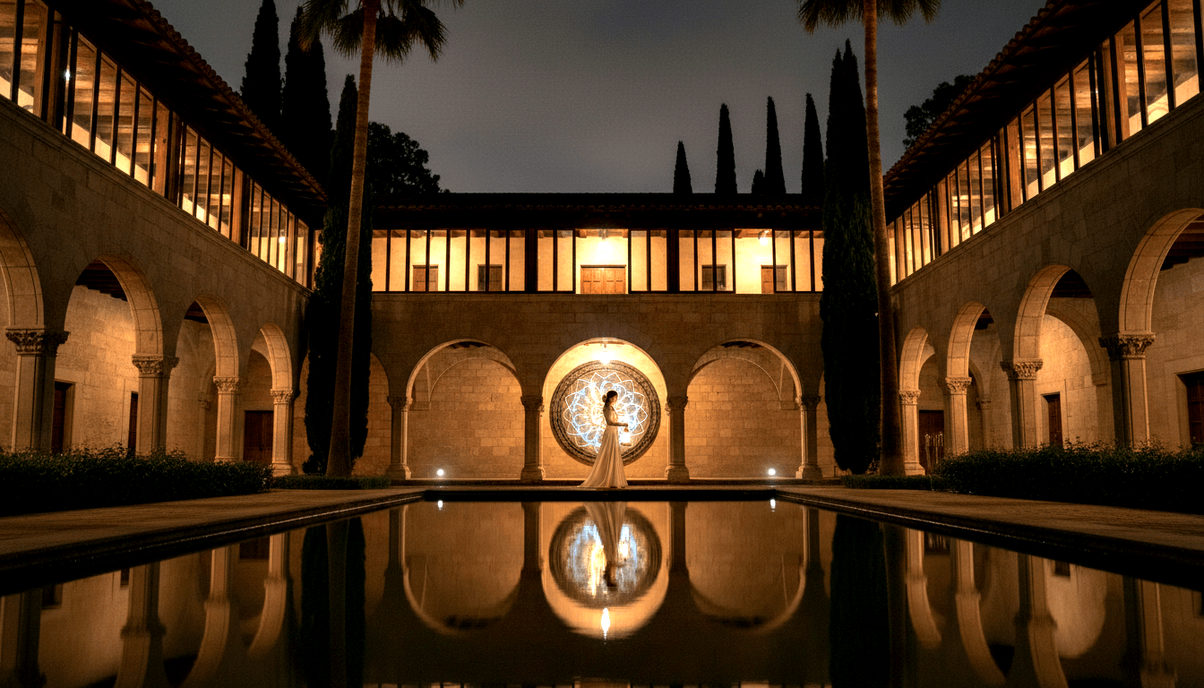 Person in white gown beneath a rounded stone arch in a colonnaded courtyard at night, with a glowing circular window and reflecting pool.