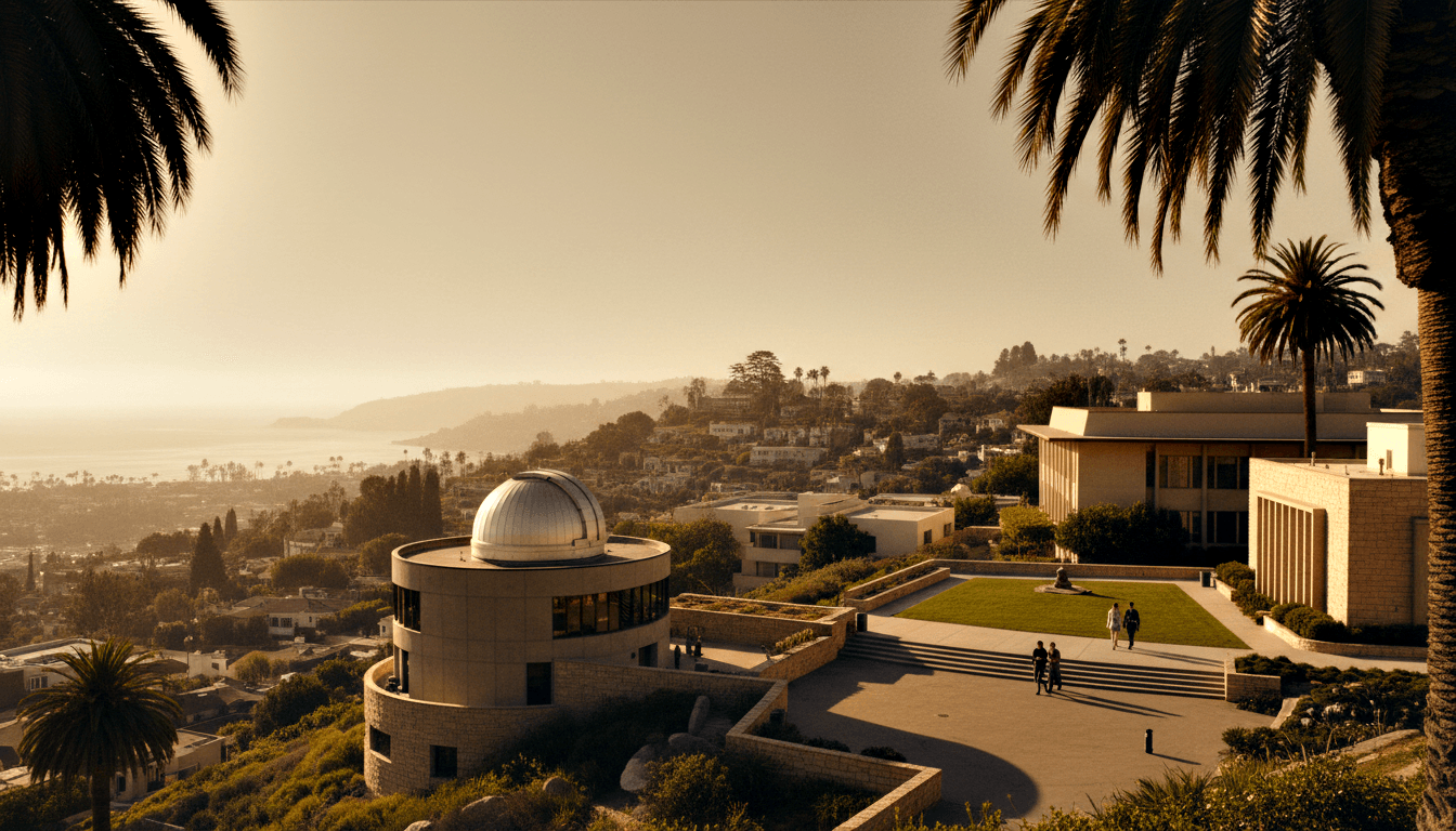 CGI aerial view: cylindrical sandstone building with silver dome on hilltop plaza, stone buildings, palms, cityscape to hazy coast.