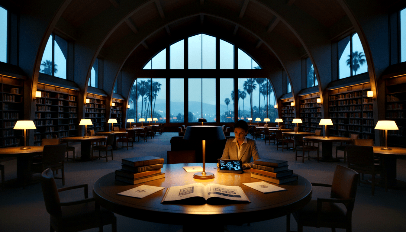 Young adult in light blazer sits alone at round wooden table in grand Gothic library with arched ceilings and twilight windows.