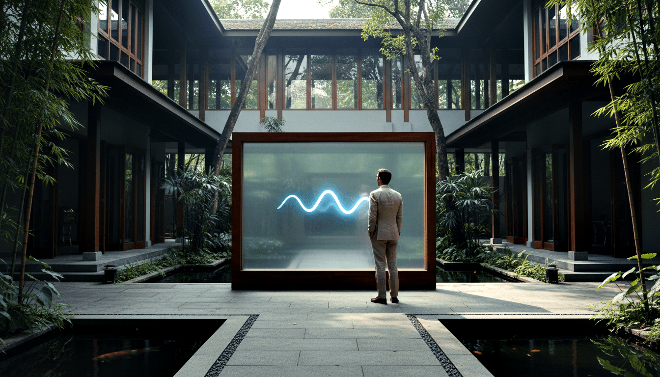 Man in beige suit, back to camera, faces a glowing blue-white sinusoidal waveform panel at end of stone courtyard.