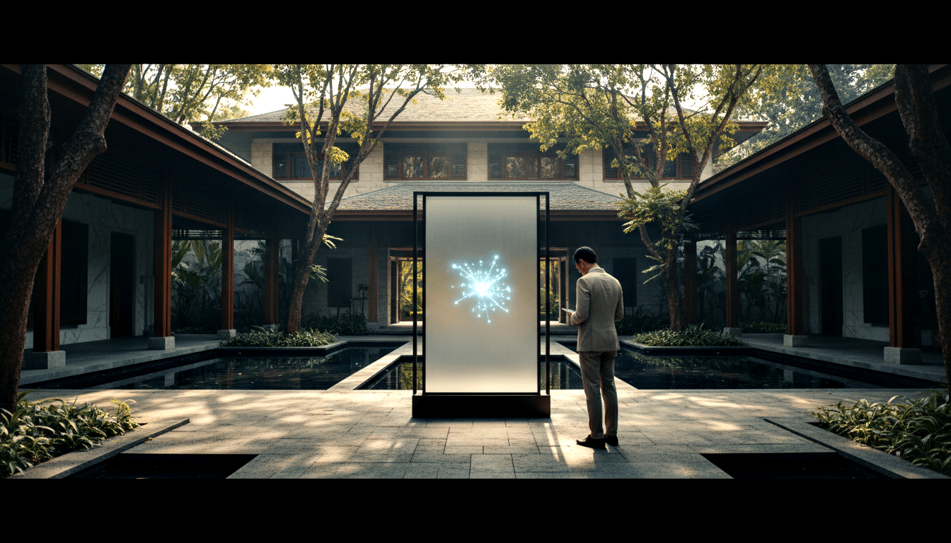 Man in beige suit before a glowing blue-white panel of interconnected nodes, with a reflective pool leading to a colonnaded building.
