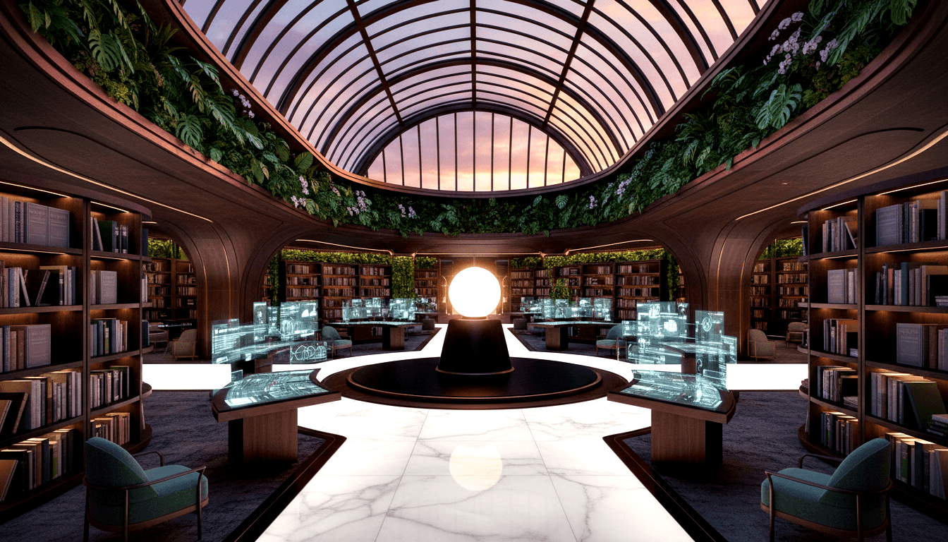 CGI elliptical library: curved wood bookshelves, cyan holographic panels, teal armchairs, glowing orb centerpiece, glass skylight above.