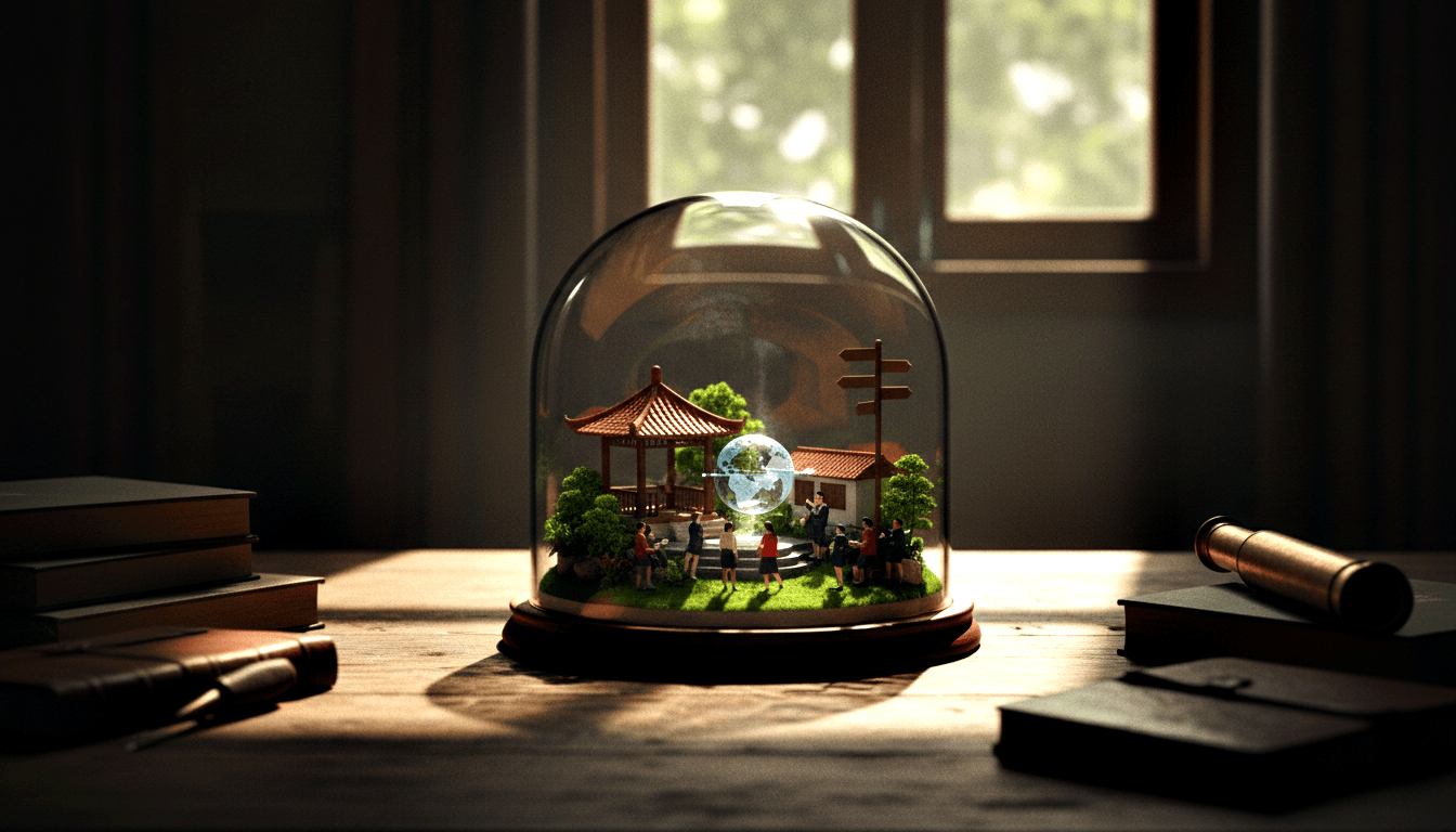 Glass bell jar cloche on dark wood base housing miniature diorama with pavilion, red-tiled roof, glowing globe, signpost, and tiny figurines.