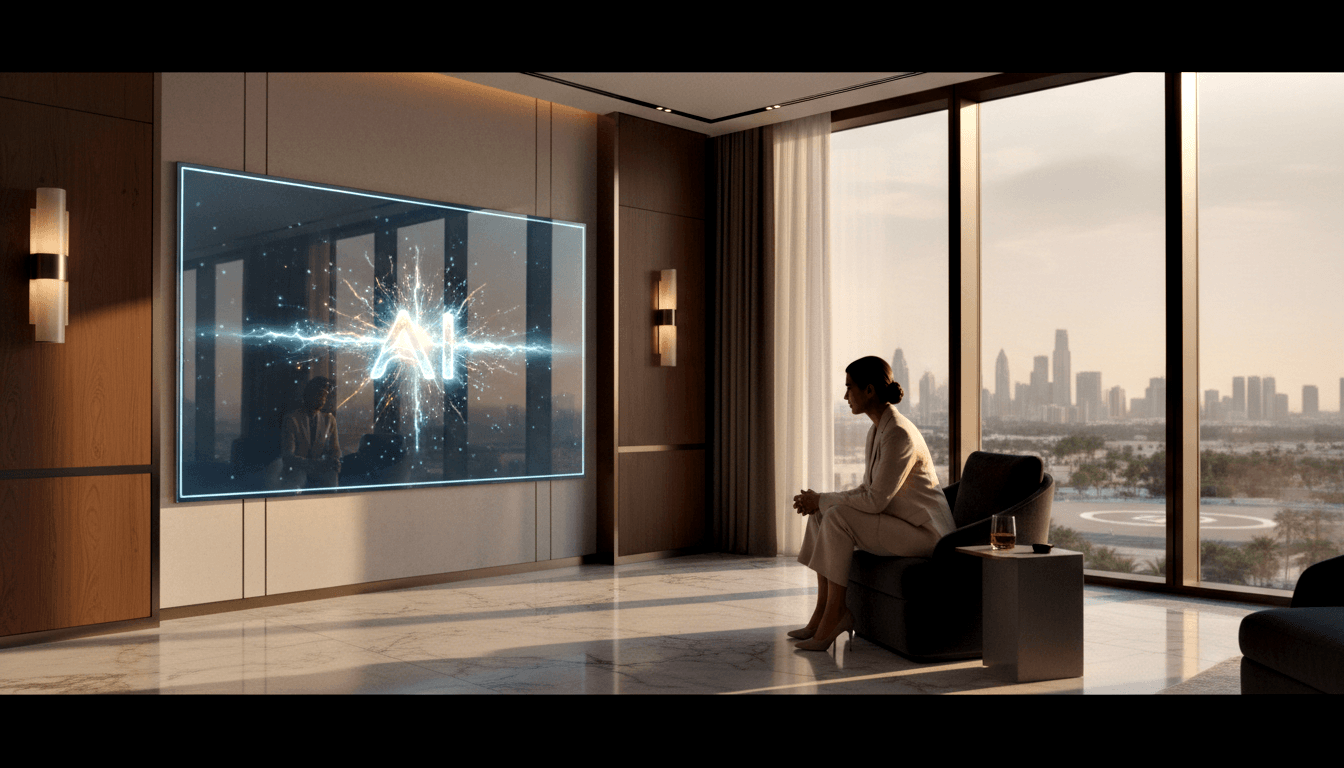 Woman in cream suit sits in leather armchair facing glowing cyan 'AI' wall display; marble floors, dusk city skyline visible.