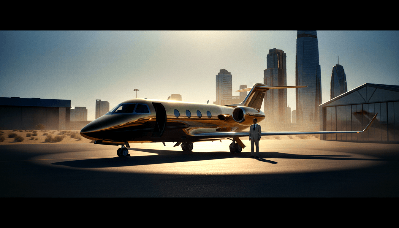 Gold-bronze private jet with charcoal nose parked on tarmac, cabin door open, male figure in light suit standing beside it.