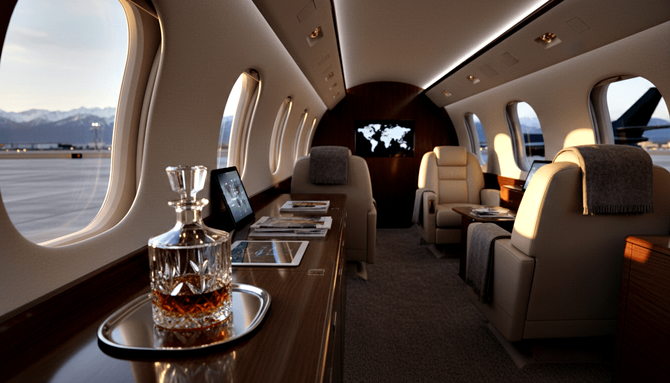Private jet cabin: cream leather recliners, gray blankets, crystal decanter on credenza, snow-capped mountains through oval windows.