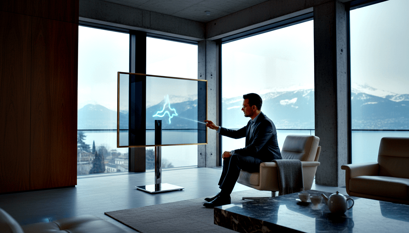 Man in dark navy suit and glasses pointing at a gold-framed transparent screen displaying a glowing cyan holographic figure.
