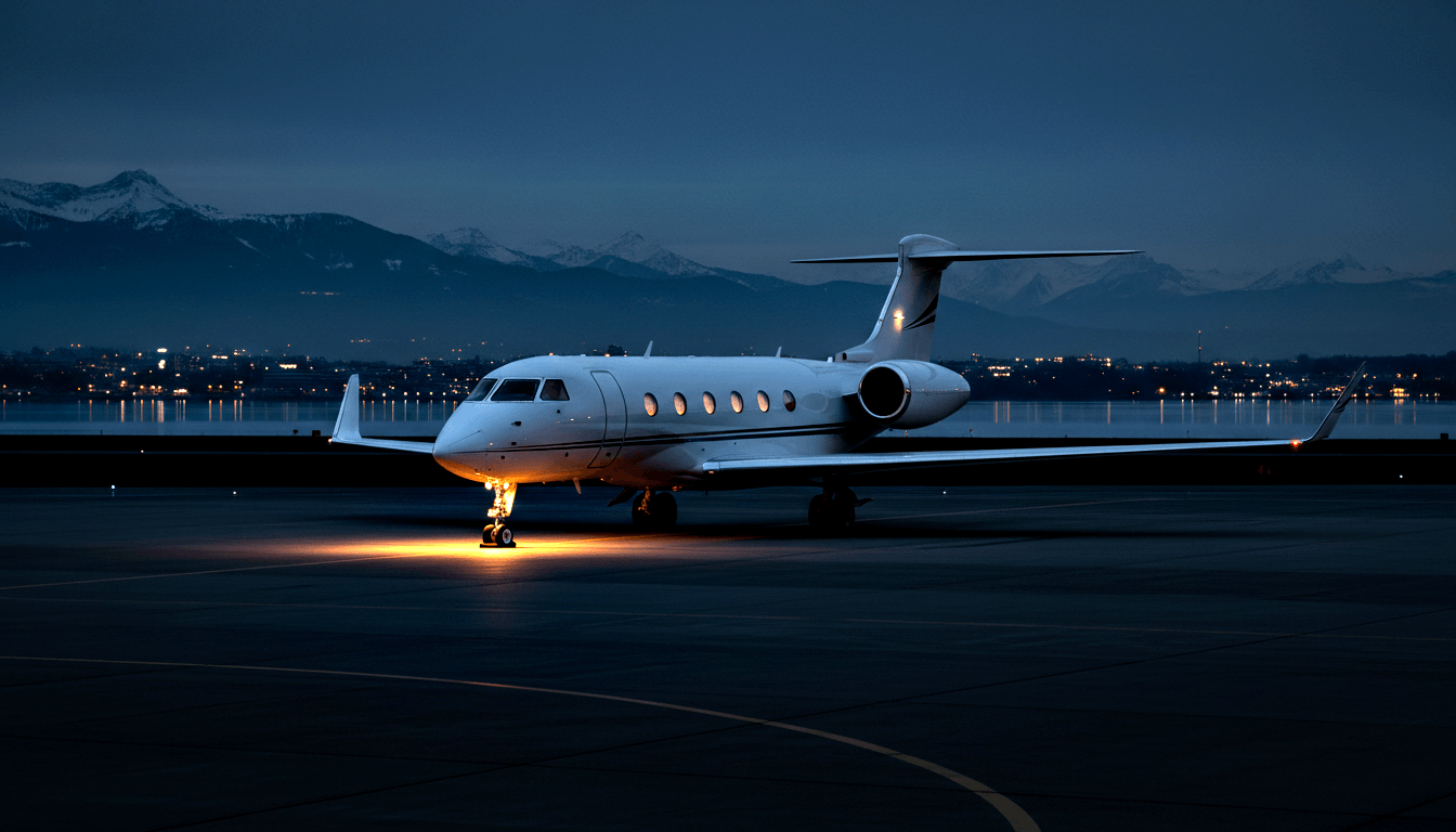 White business jet with rear-mounted engines on dark tarmac, amber light beneath nose gear, water and snow-capped mountains under twilight sky.