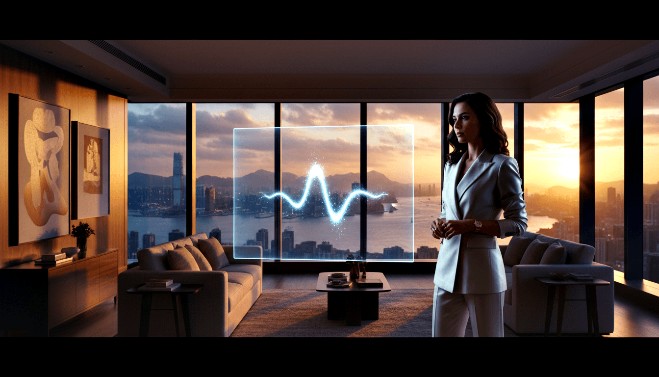 Woman in white blazer and trousers stands in high-floor room, hands clasped, beside a cyan holographic waveform floating mid-air.