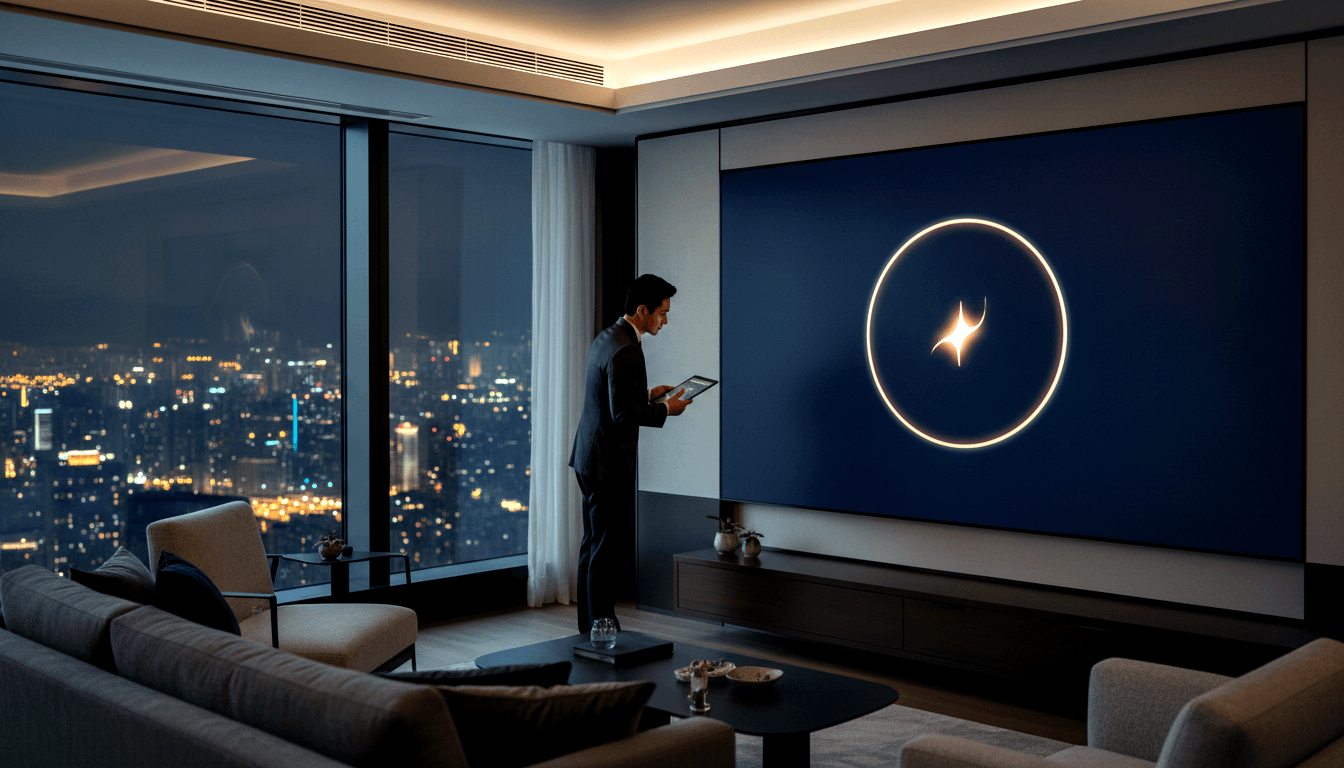 Man in dark suit holds tablet in penthouse at night, facing large wall screen displaying a glowing four-pointed star emblem on deep blue.