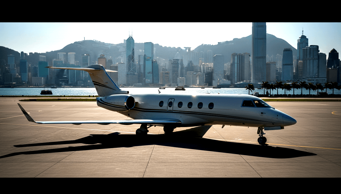 White business jet with tail-mounted engines and winglets on tarmac; high-rise skyline across palm-lined water behind.