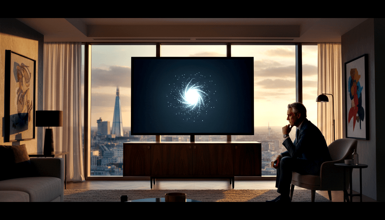 Silver-haired man in dark navy suit sits in armchair watching a TV displaying a glowing white spiral vortex, city skyline visible at dusk.