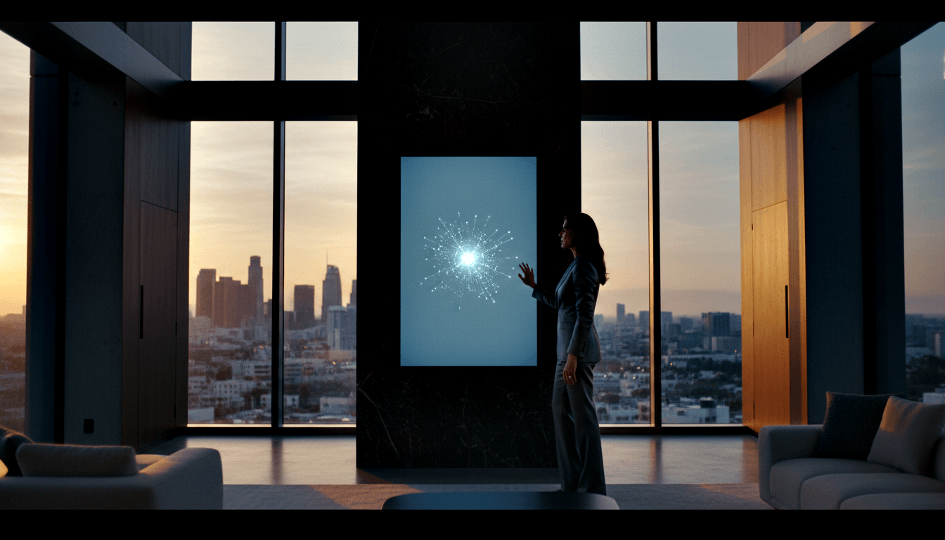 Woman in charcoal pantsuit gestures toward glowing network graphic on large screen in dark high-rise with city skyline at dusk.