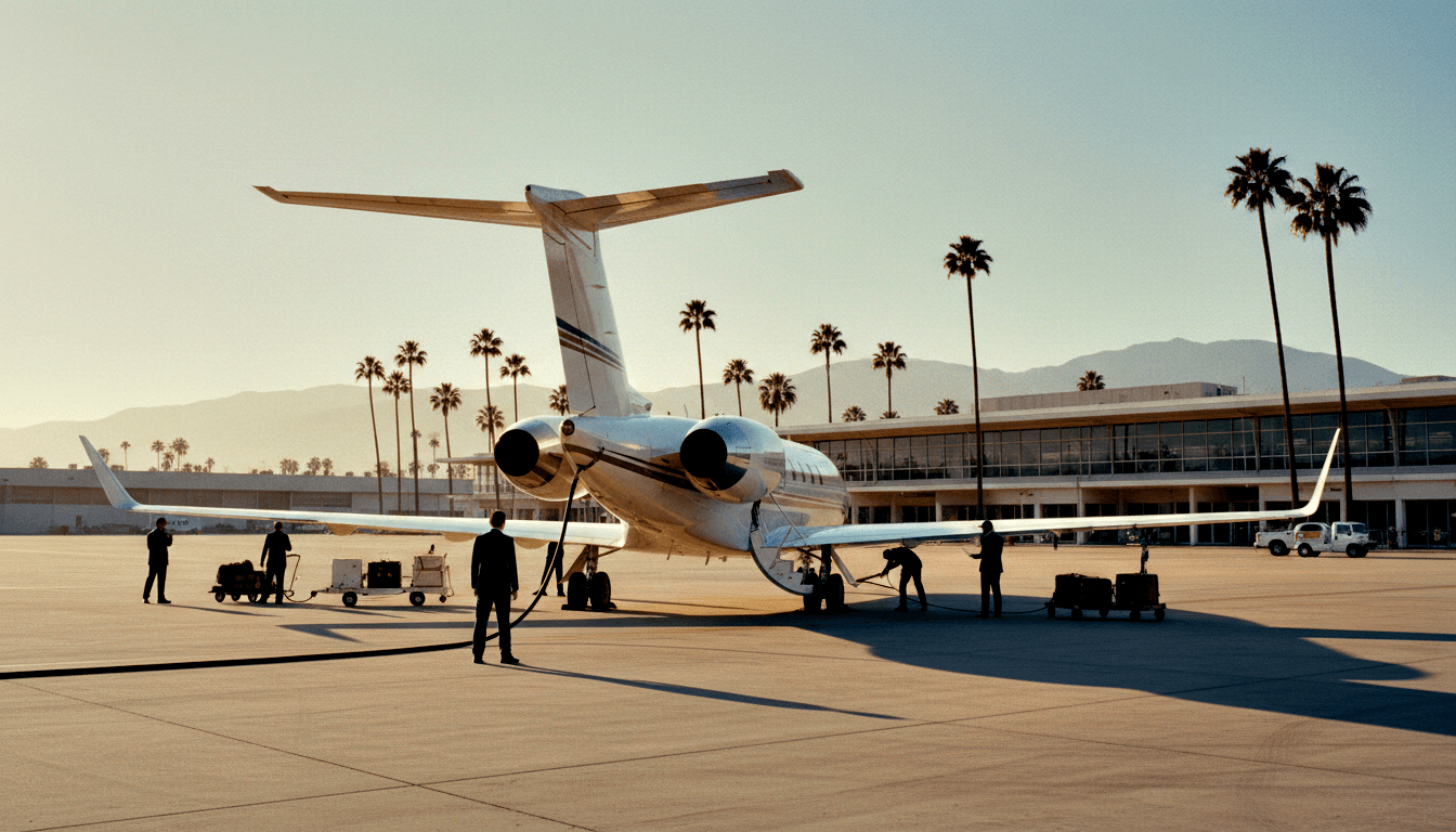 White business jet with rear-mounted twin engines and T-tail on tarmac at golden hour, ground crew and one suited figure nearby.