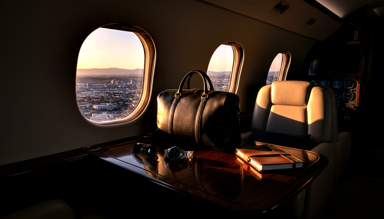 Private jet cabin: dark wood table with aviator sunglasses, silver watch, leather notebook, black duffel; cream seats, sunset view.