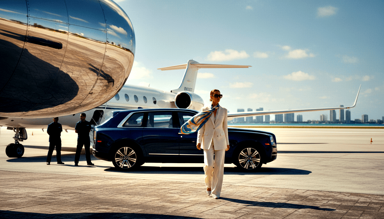 Woman in cream pantsuit and colorful scarf walks on airport tarmac; white business jet, two uniformed figures, and navy SUV at left.