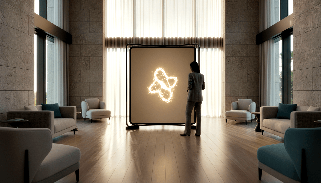 Person in gray suit viewed from behind facing a large dark-framed panel displaying a glowing golden-white double-loop knot symbol.
