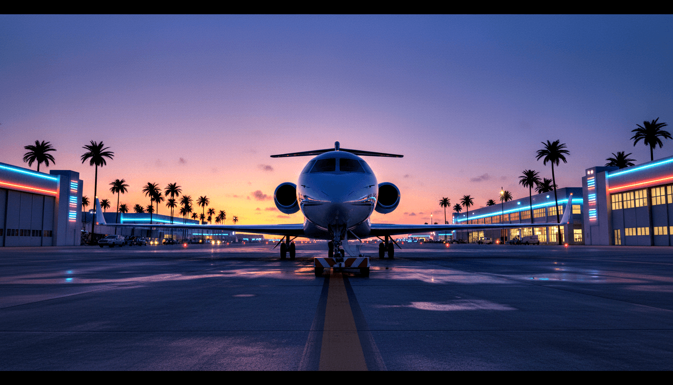 Twin-engine business jet parked head-on on wet tarmac at dusk, flanked by airport buildings, palm trees silhouetted against deep blue-purple sky.