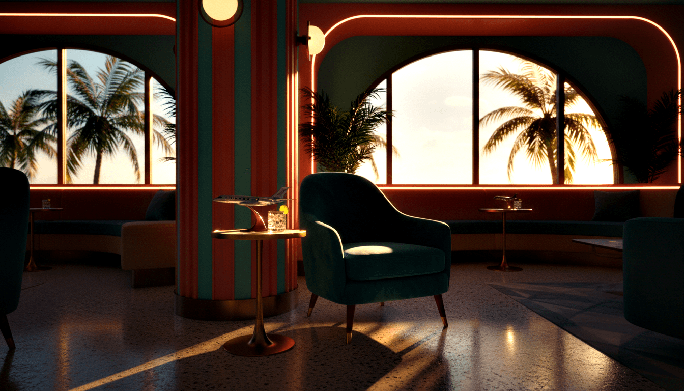 Teal velvet armchair beside a gold tulip table with a cocktail glass; coral arched walls, striped columns, terrazzo floor, palms at golden hour.
