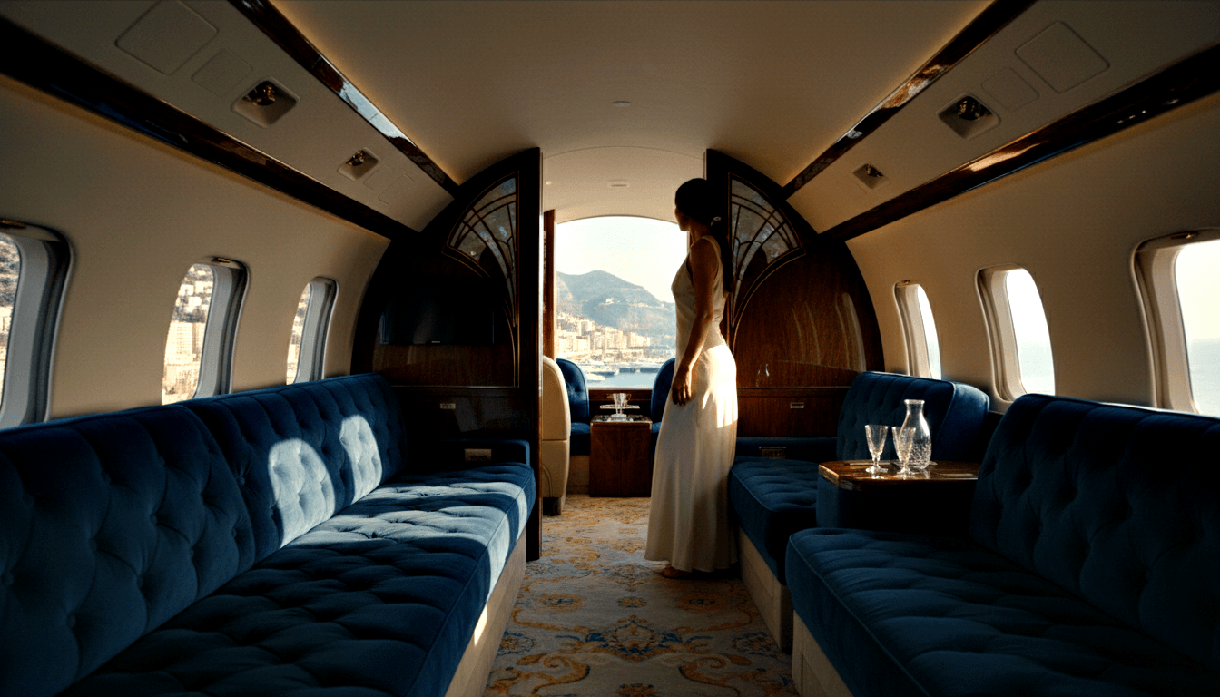 Private jet cabin with navy tufted velvet sofas, walnut paneling; woman in cream gown backlit at open door, coastal view beyond.