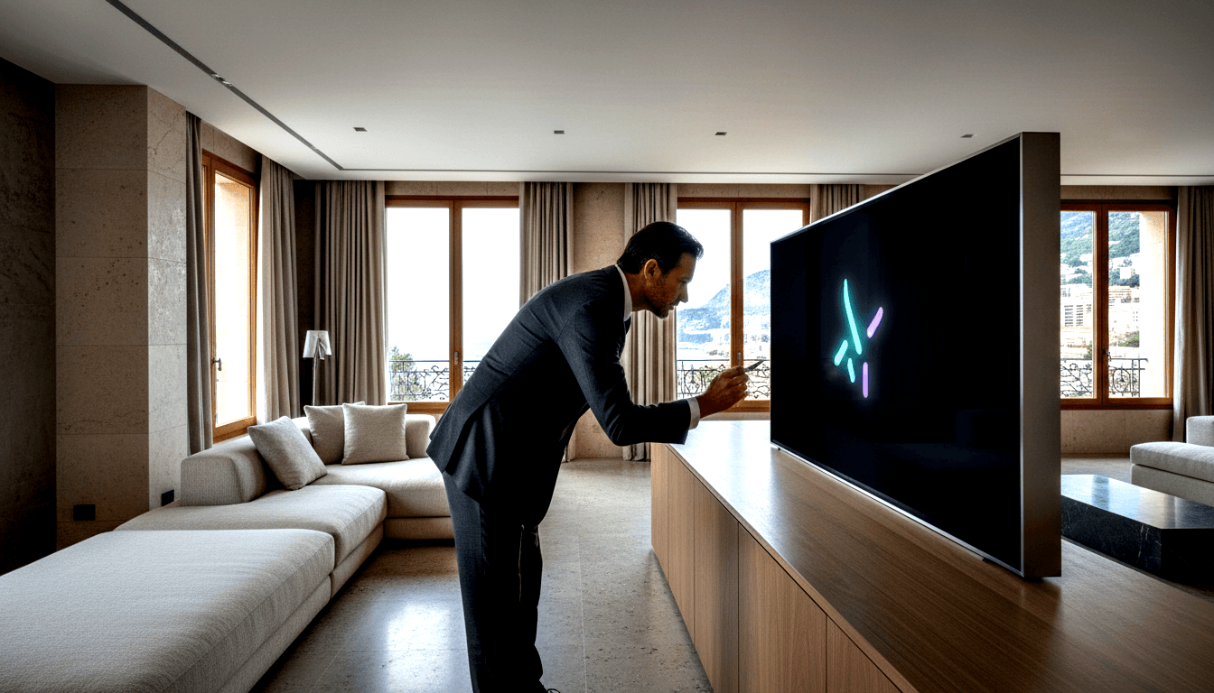 Dark-haired man in charcoal suit leaning toward a flat-screen TV showing teal and pink geometric pattern, holding a small object.