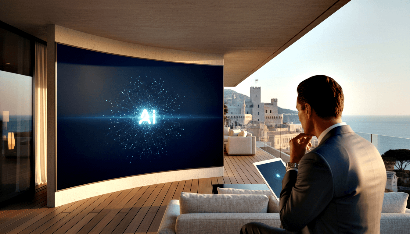 Man in grey suit on cream sectional sofa on wood-decked terrace, holding tablet facing a large curved screen with glowing emblem on dark navy.