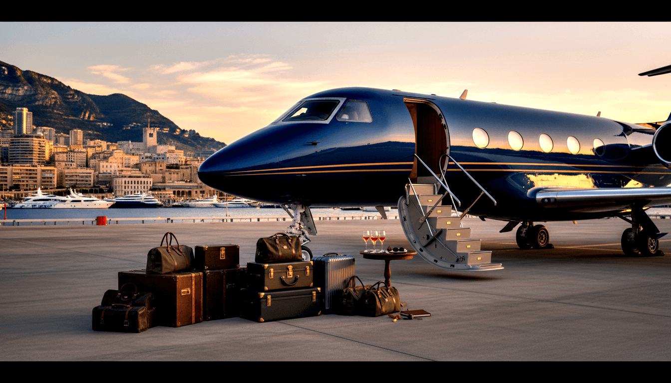 Dark navy blue private jet with open airstair on tarmac; luggage in foreground, coastal harbor with yachts and hillside behind.