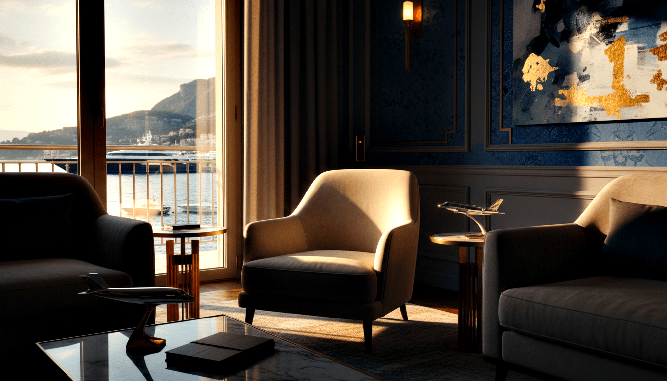 CGI lounge with cream armchair, gold side tables, and floor-to-ceiling glass doors opening to a balcony overlooking a marina and mountains.