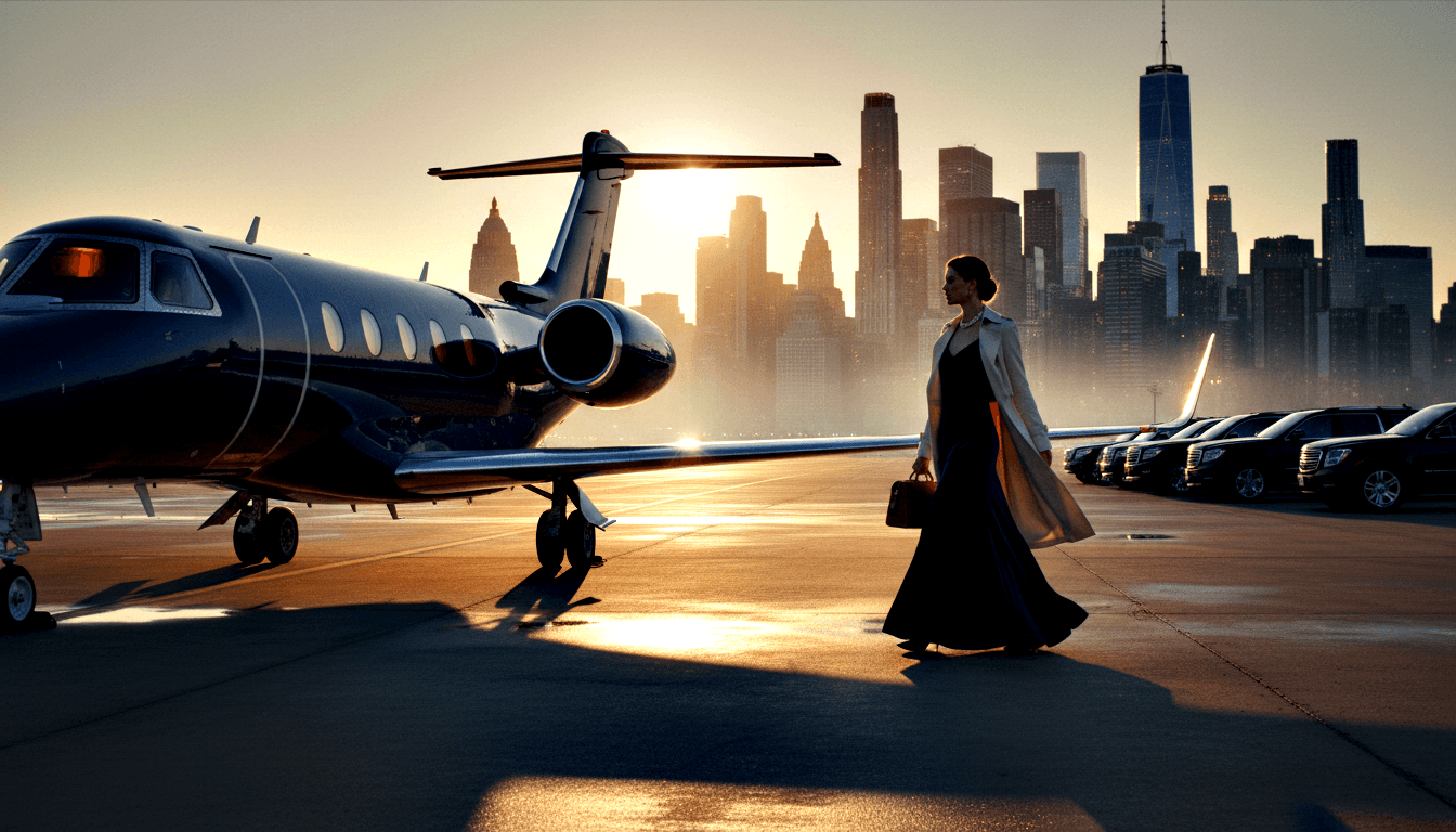 Woman in dark gown and cream coat walks across wet tarmac toward a private jet at golden hour, SUVs parked right, city skyline behind.