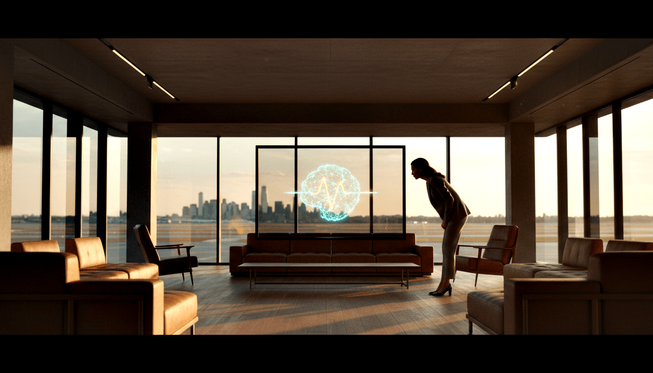 Woman in dark top and light trousers leans forward to examine a glowing cyan holographic brain on a glass stand.