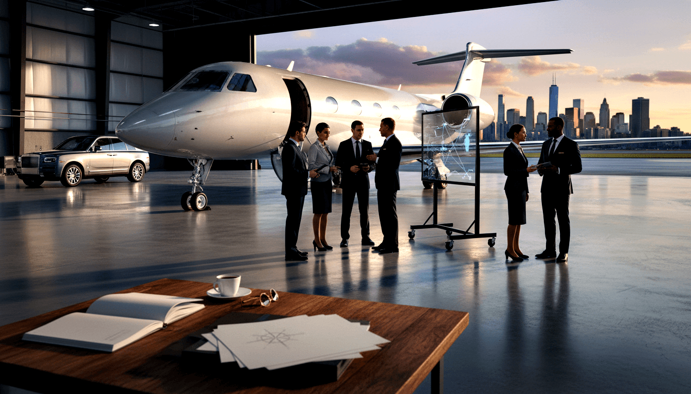White private jet in a hangar with five professionals near a transparent display board and silver sedan; wooden desk with notebook in foreground.
