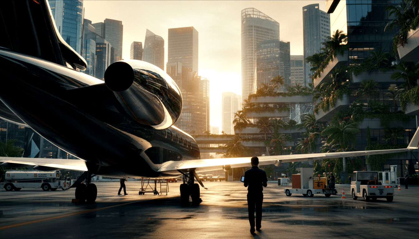 Dark private jet on airport apron at golden hour, with ground crew, orange cones, glass skyscrapers, and palm trees behind.