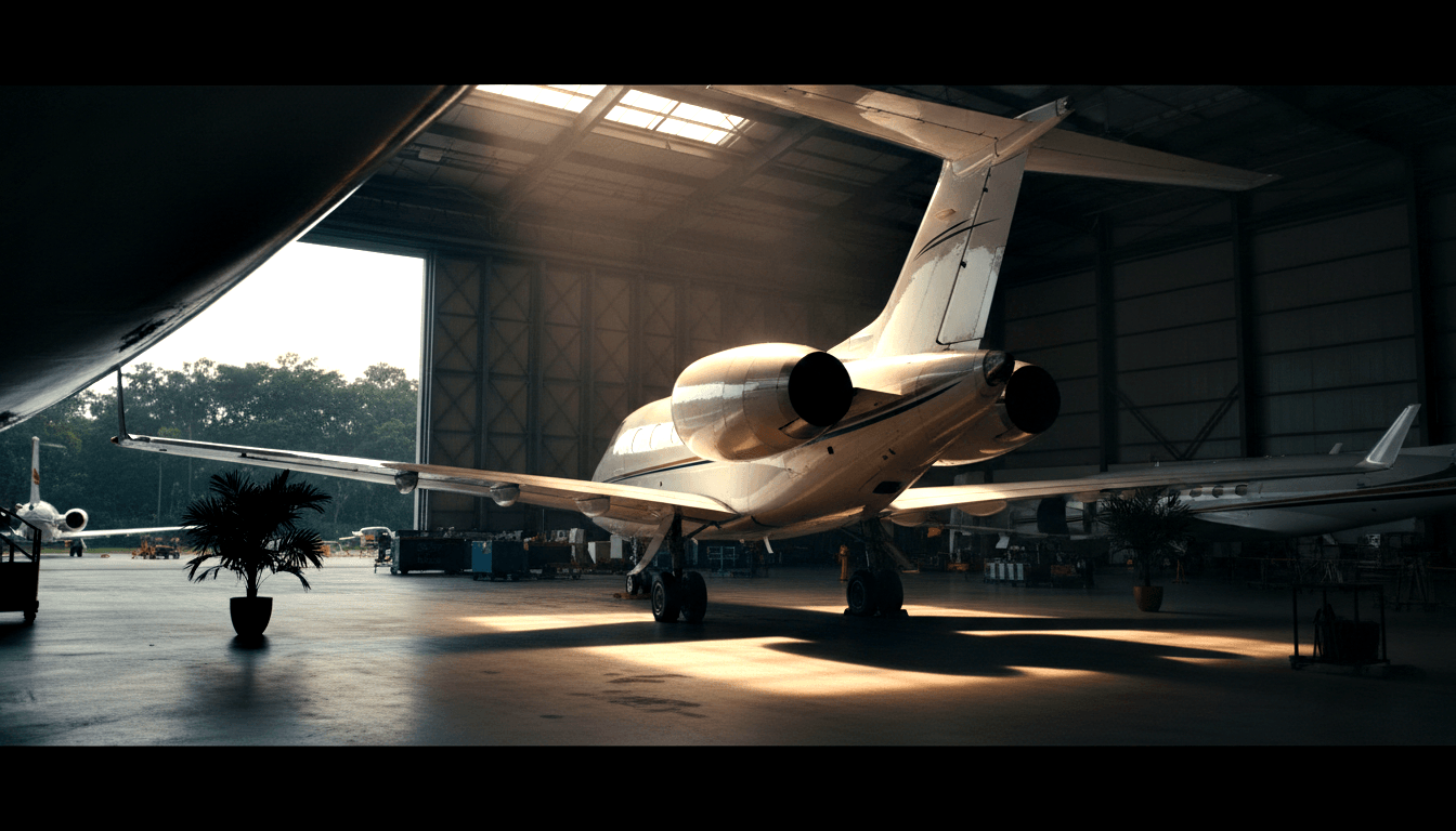 White twin-engine business jet with T-tail and rear-mounted engines inside a steel-framed hangar, viewed from the rear quarter.
