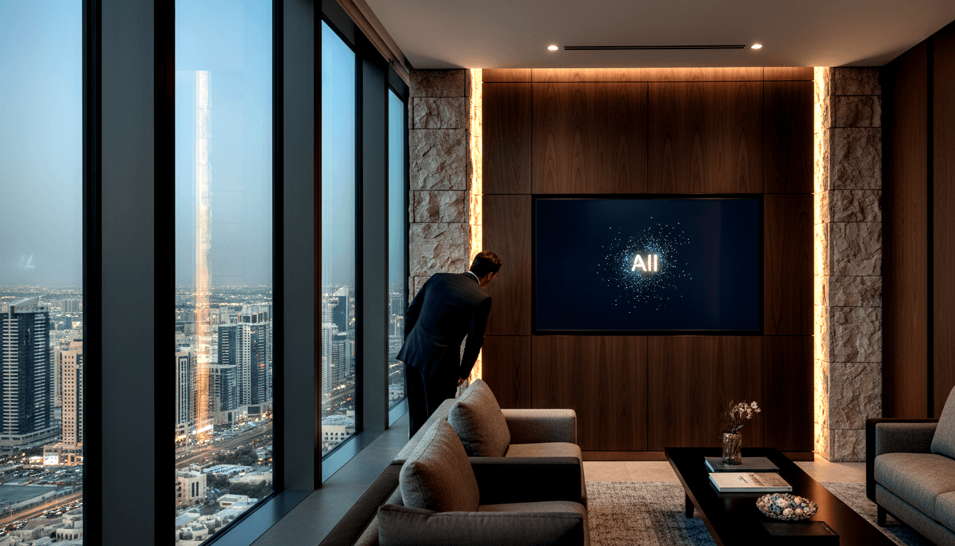 Man in dark suit, back to camera, head bowed at high-rise windows at dusk; urban skyline outside, AI display on walnut wall.