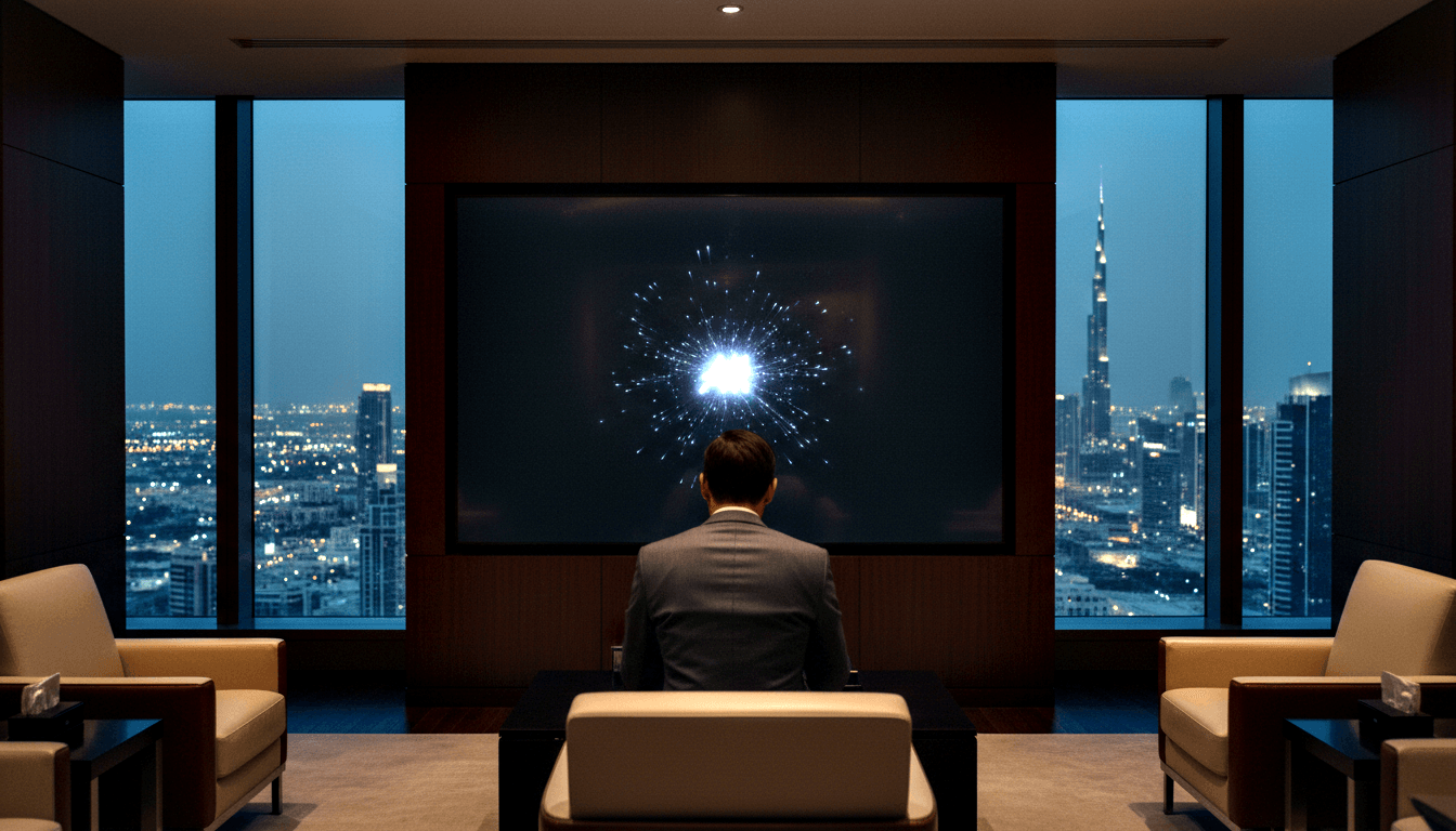 Man in gray suit at desk facing wall screen with white-blue starburst; floor-to-ceiling windows show nighttime city skyline.