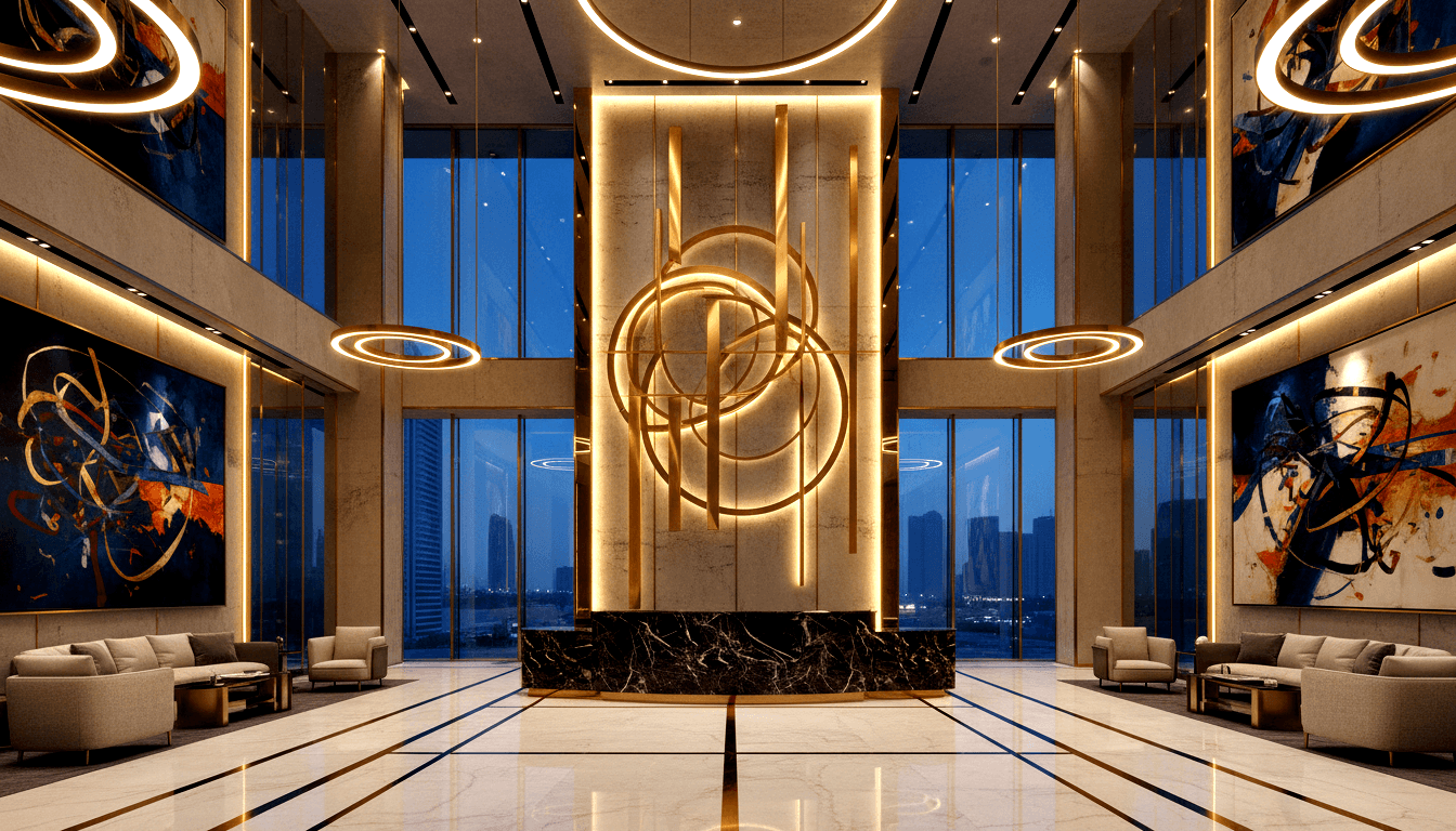 Hotel lobby with gold interlocking rings sculpture, black marble reception desk, ring pendant lights, and floor-to-ceiling windows at night.