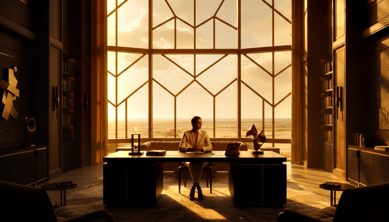 Woman in cream blazer at dark executive desk; symmetrical room with tall bookshelves and golden-lit leaded windows behind her.