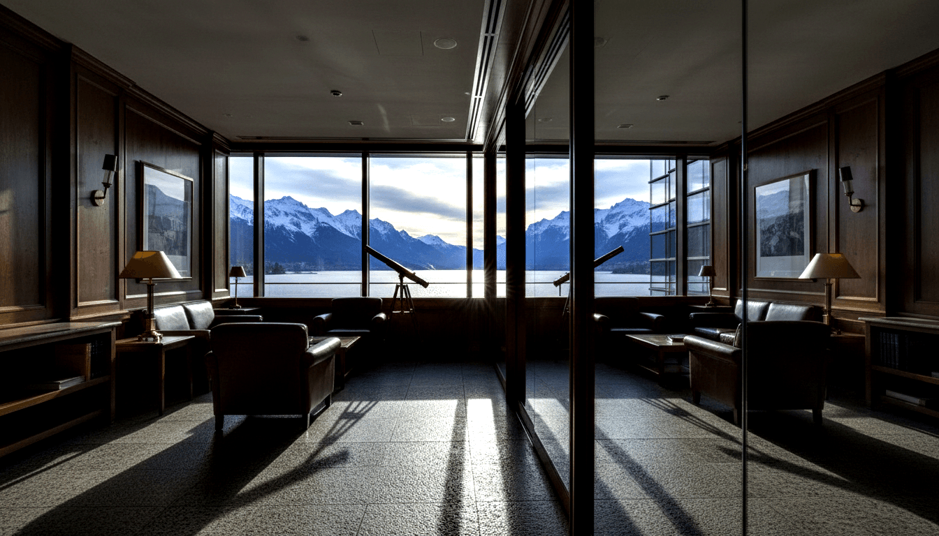 Mahogany lounge with leather armchairs, amber lamps, central mirror, and floor-to-ceiling windows framing alpine peaks and lake.