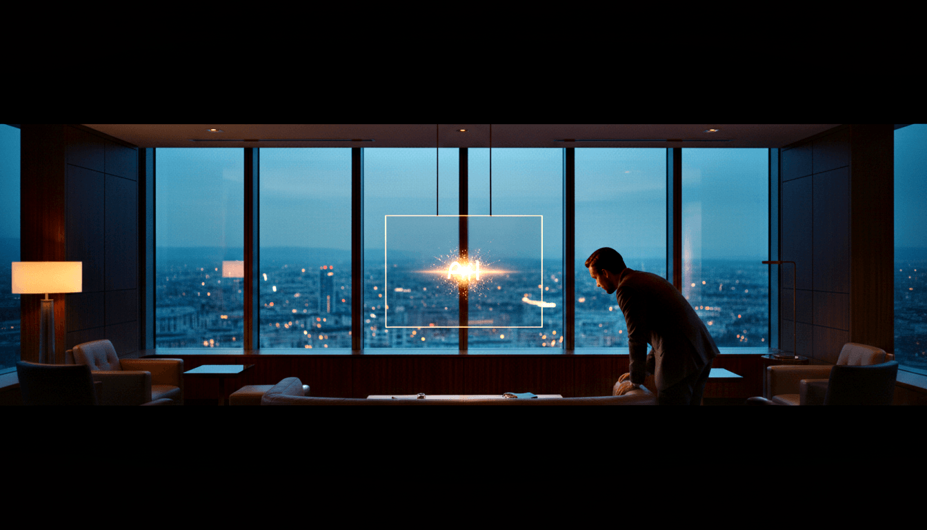 Man in dark clothing leans over a sofa facing a glowing rectangular outline with sparkling center before floor-to-ceiling city night windows.