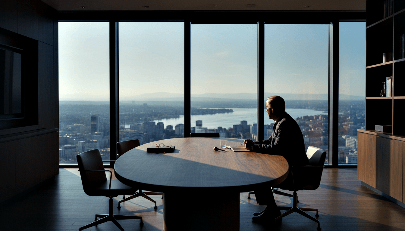 Man in dark jacket sits at oval conference table, back to viewer, gazing through floor-to-ceiling windows at a cityscape with water and hills.