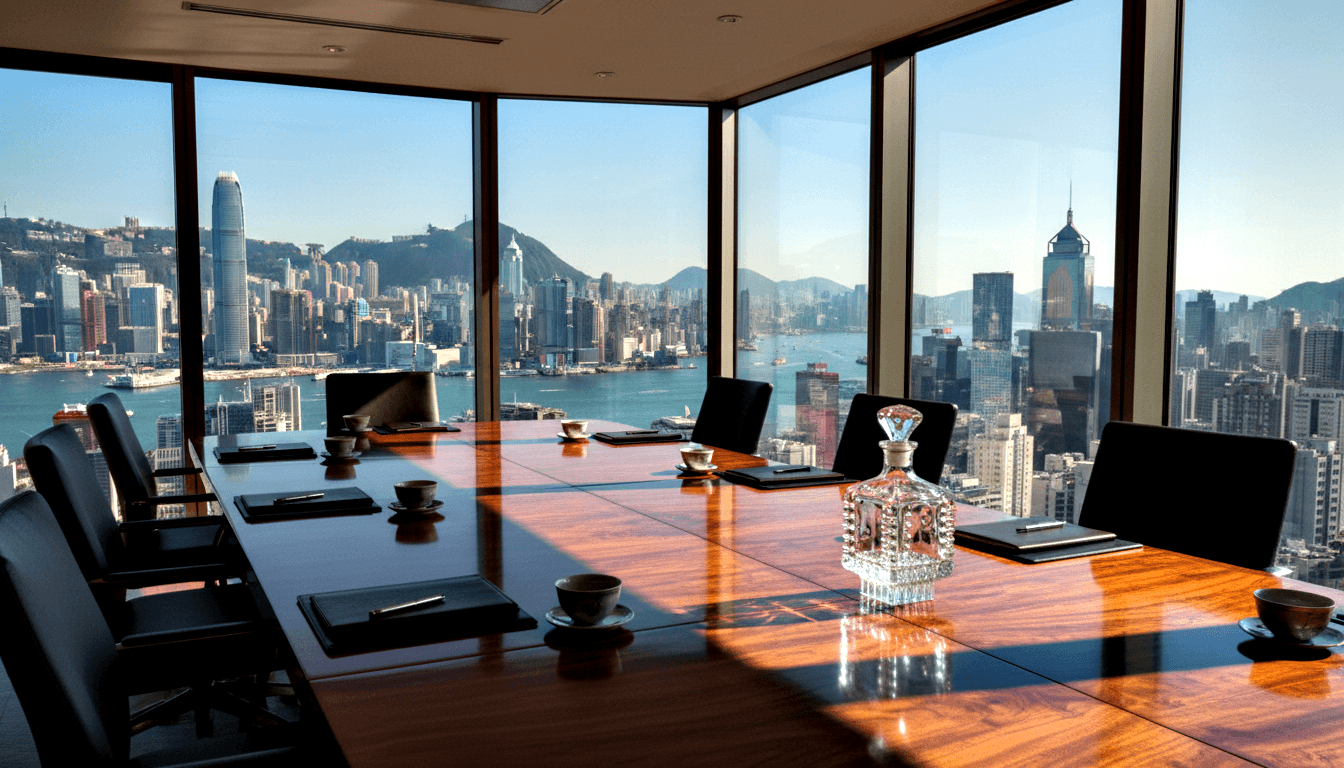 Corporate conference room with reddish-brown table, black leather chairs, portfolios, crystal decanter; corner windows show waterfront skyline.