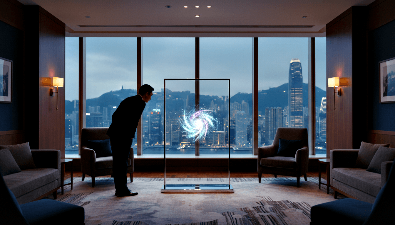 Man in dark suit leans toward transparent panel displaying glowing teal and violet spiral hologram, with nighttime harbor skyline behind.