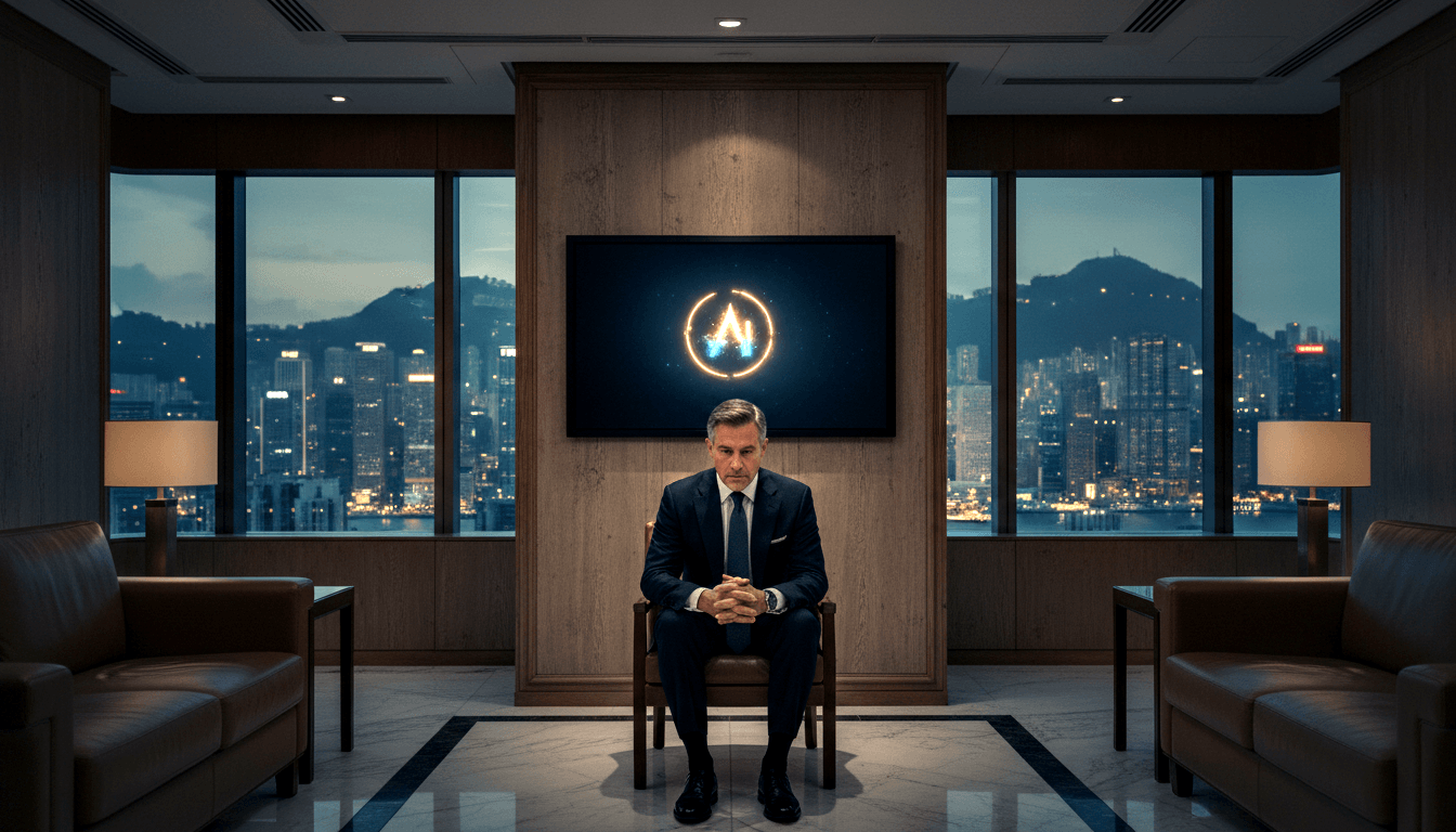 Man in navy suit and dark tie sits with hands clasped in armchair inside a wood-paneled room with nighttime waterfront skyline behind.