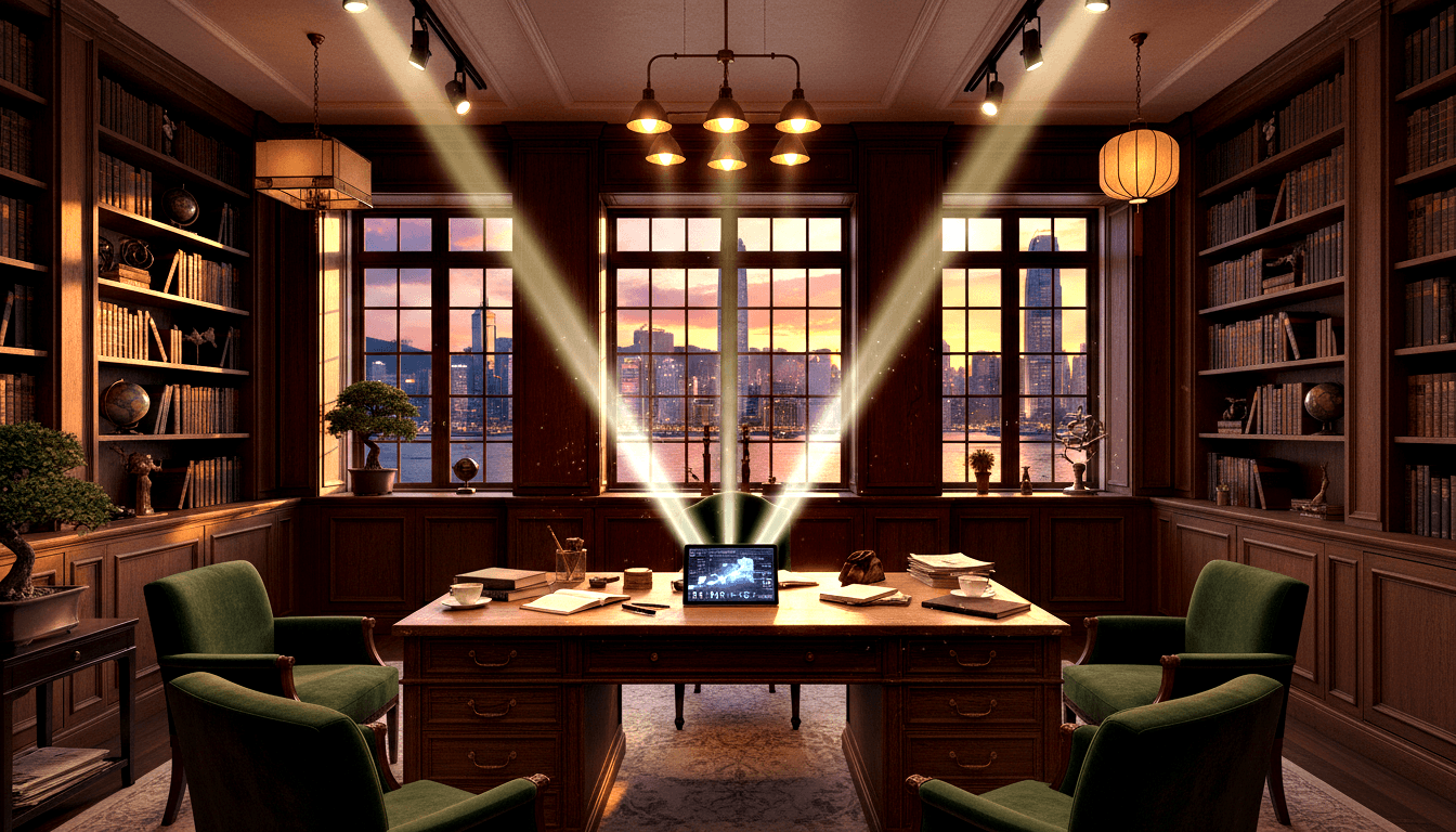 CGI executive study with dark wood desk, green velvet armchairs, floor-to-ceiling bookshelves, and city skyline at dusk through window.