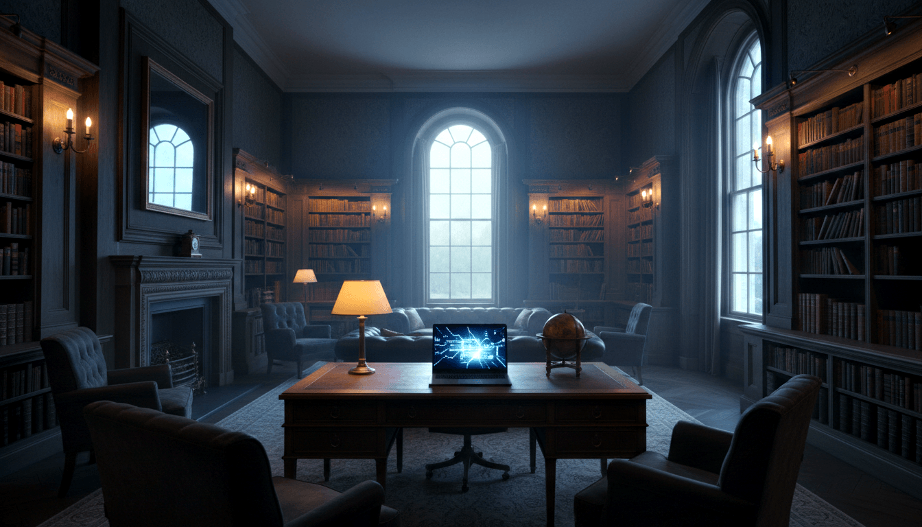 CGI library with bookshelves, ornate fireplace, tufted seating, and a desk with a glowing blue laptop showing a circuit graphic.