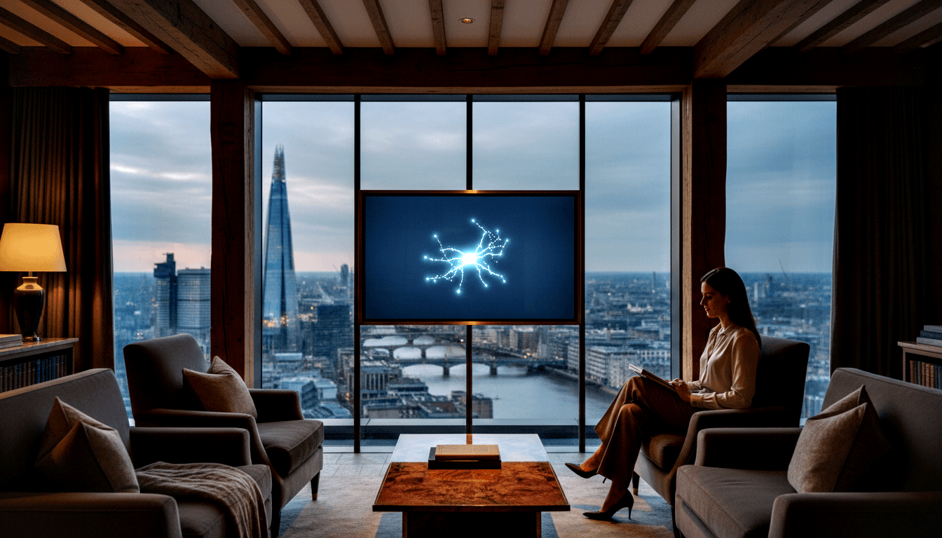 Woman in cream blouse sits in armchair facing a monitor on golden stand showing blue network diagram; twilight cityscape behind.